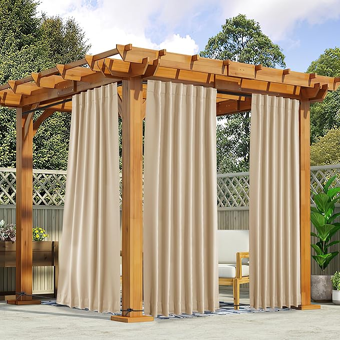 NICETOWN 2 Panels Outdoor Curtains for Patio Waterproof & Windproof, Pocket & Back Tab on Top & Bottom Weighted Drapes Keep Sun/Rain Out with Bonus Rope for Pergola, Biscotti Beige, W52 x L108