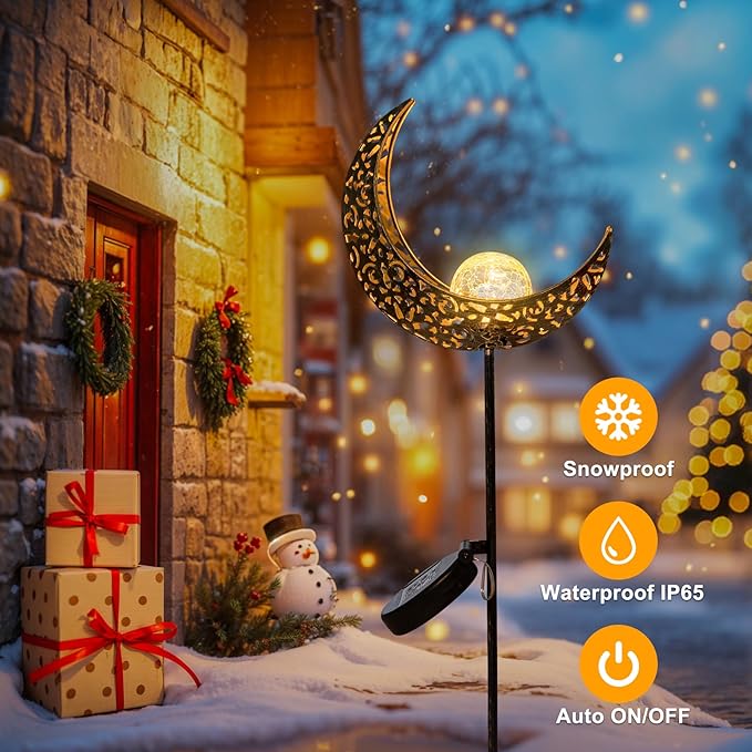 2Pack Moon Garden Gifts Solar Lights Outdoor Stakes Waterproof, Gifts for Mom, Crackle Glass Backyard Decor Balcony Lawn Ornaments, for Women Men Grandma (Bronze)