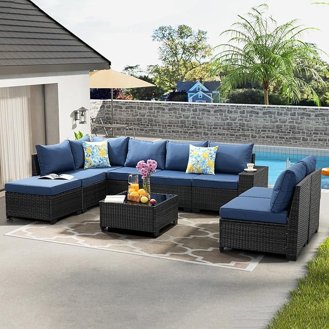 9 Pieces Patio Furniture Set All-Weather Outdoor Wicker Sectional Conversation Sofa Rattan Patio Seating Sofa with Cushion and Glass Table and Ottoman for Porch Poolside,Navy