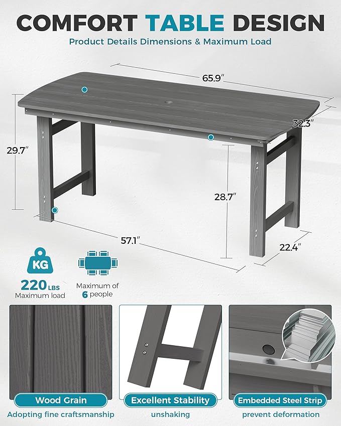 Ciokea HDPE Outdoor Dining Set, 7-Piece Patio Table and Chairs Set with Umbrella Hole, All-Weather Patio Dining Sets for 6, Durable Patio Furniture for Backyard, Garden, Lawn & Poolside, Grey