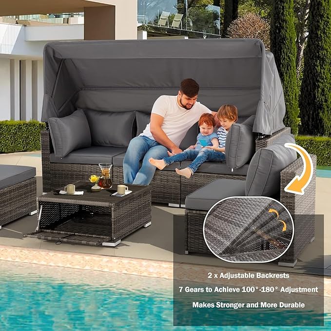 HOMREST 6 Pieces Patio Furniture Sets, Outdoor Daybed with Canopy, Rattan Outdoor Sectional Sofa Set with Adjustable Backrest, Chaise Chair Sunbed for Garden Poolside Backyard（Gray）