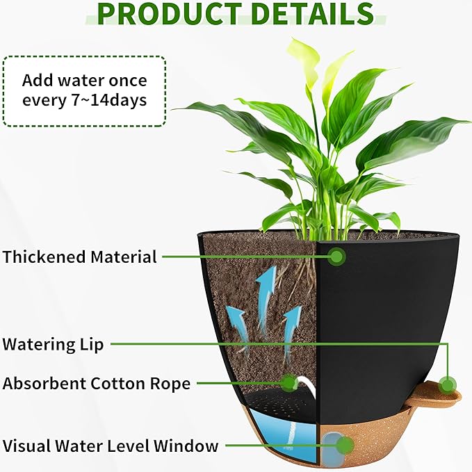 12/10/9/8 inch Self Watering Pots with Visual Water Window, Extra Large Self Watering Plant Pot with Drainage Holes and Saucers, Black Flower Pots for Indoor Plants