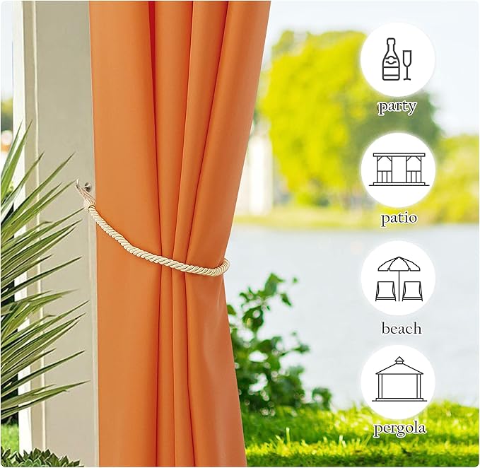NICETOWN Canvas Outdoor Curtains 2 Panels = 110" Wide by 95" L for Patio Waterproof, Waterproof & Windproof Rustproof Top and Botom Grommet Outdoor Curtains/Drapes for Porch/Cabana, Orange