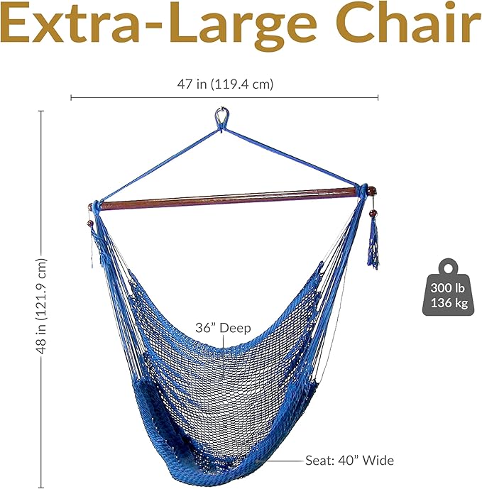 Sunnydaze Outdoor Hammock Chair Swing - Hanging Hammock Swing - Hanging Reading Chair - Soft-Spun Polyester Rope - Caribbean XL - Blue