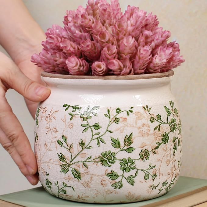 Vintage Country Ceramic Vase and Planters, 6.29 Inch Small Plant Pots for Indoor English Garden Decor, Old World Room & Home Decor, Sage Beige