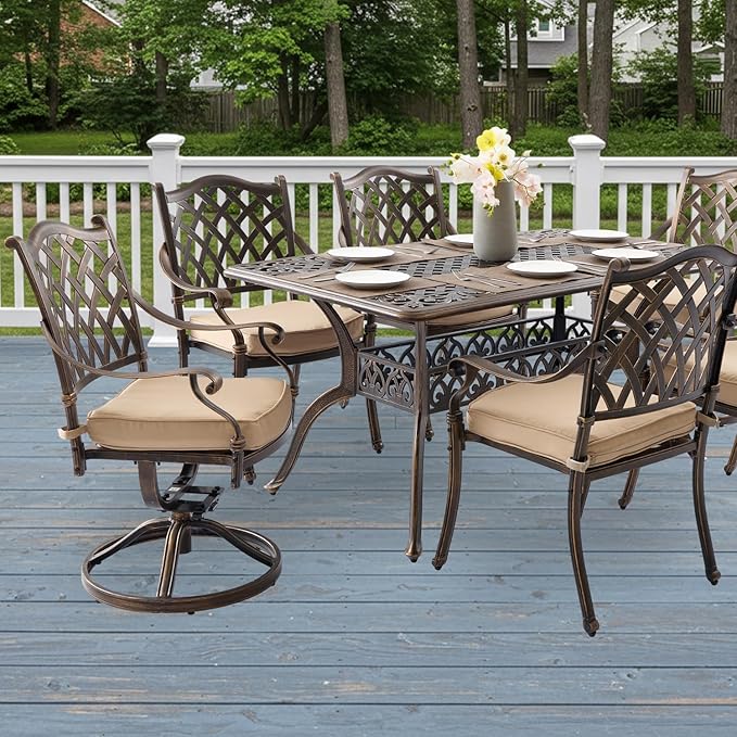 7-Piece Cast Aluminum Patio Furniture, Patio Dining Set for 6 Include 59" Rectangular Outdoor Dining Table, 4 Stackable Chairs & 2 Swivel Chairs with Cushions & Umbrella Hole(Bronze)
