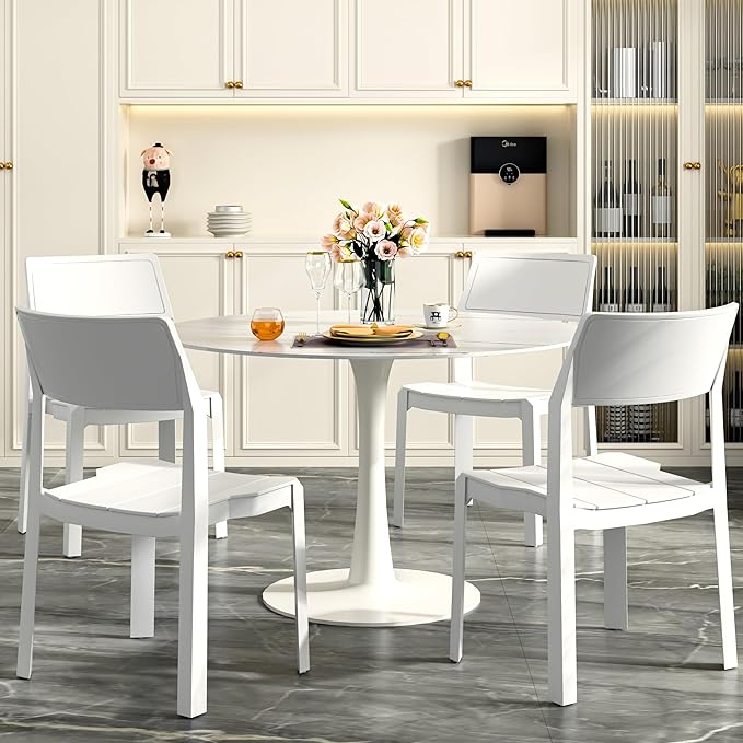 VECELO 4 Pack Stackable Dining Chairs, Plastic Patio Chairs for Indoor Outdoor Use in Kitchen, Poolside, No Assembly, Matte White