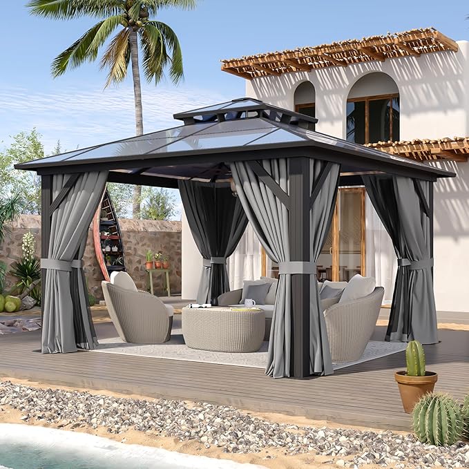 Aoxun 12'x12' Hardtop Gazebo, Aluminum Frame Permanent Pavilion with Curtains and Netting, Outdoor Polycarbonate Double Roof Canopy, Designed for Garden, Lawns, Patio, Gray