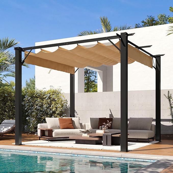 Aoxun 10'x10' Outdoor Pergola, Patio Aluminum Pergola with Upgraded Retractable Canopy, Heavy Duty Metal Pergolas and Gazebos with Adjustable Sun Shade Cover for Modern Backyard, Deck, Garden