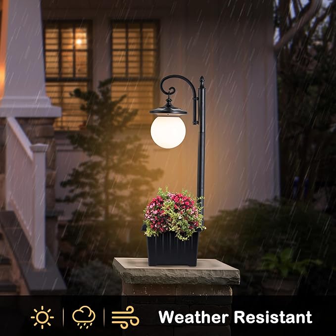 Outdoor Post Light with Planter, Matte Black Solar Lamp Post Light with Globe Shade, 2 in 1 Waterproof Solar Post Lights Outdoor Planter for Outside Gardan Pathway
