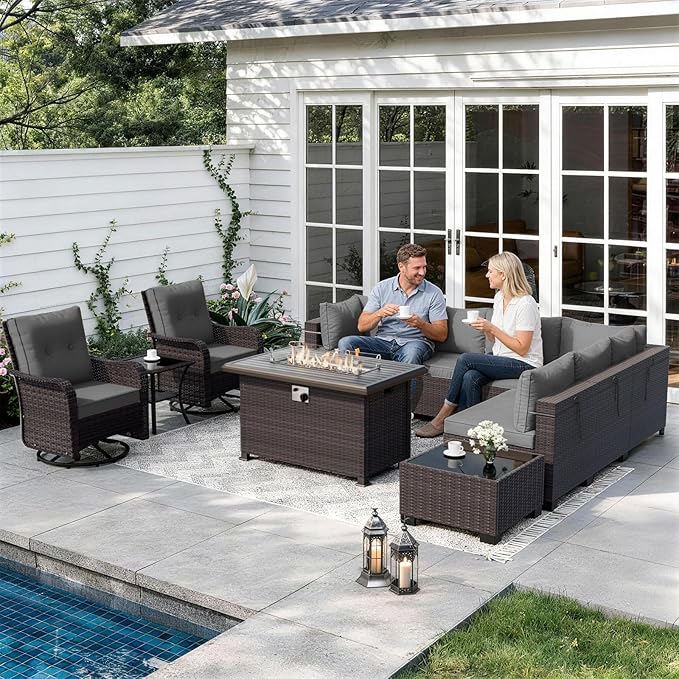 ALAULM Patio Furniture Set with 2 Swivel Chairs, Outdoor Sectional with 55000 BTU Fire Pit Table and Wide Seat, 11 Pieces Wicker Rattan Conversation Set with Coffee Table for Garden, Deck, Grey