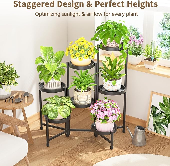 LASZOLA 7 Tiered Folding Tall Plant Stand Indoor for Multiple Large Planter, Heavy Duty Metal Adjustable Flower Rack for Narrow Corner, Sturdy Vertical Spiral Shelving Holder for Modern House, Black