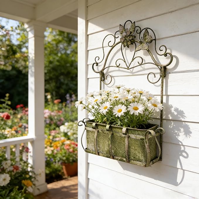 Rustic Metal Wall Planter Vintage Wall Mounted Flower Pot Farmhouse Distressed Wall Hanging Plant Basket with Floral & Butterfly Decor for Indoor Outdoor Garden Home Yard (Green#2)