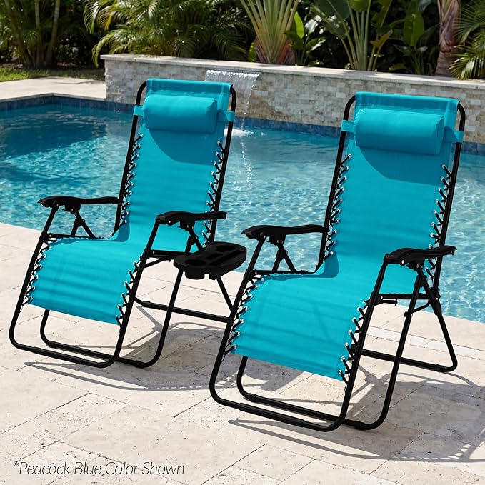 Best Choice Products Set of 2 Extra Wide Adjustable Steel Mesh Zero Gravity Lounge Chair Recliners w/Pillows and Cup Holder Trays - Peacock Blue Stripes