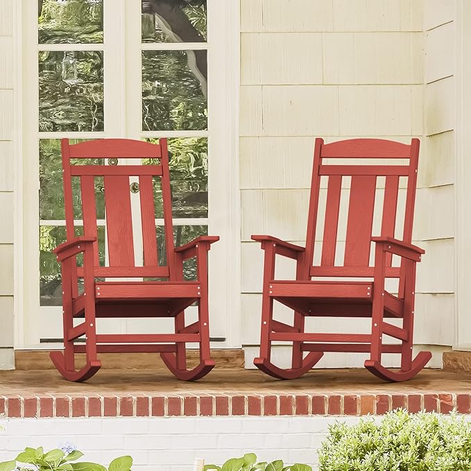 LUE BONA Outdoor Rocking Chairs Set of 2, HDPS Porch Rocker with High Back, Plastic Weather Resistant Rocking Chairs for Outdoor Indoor, Garden, Backyard, 350lb, Bright Red