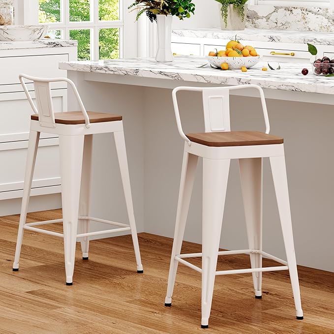 WENTMENT Metal Bar Stools Set of 2 Counter Height Barstools with Removable Back 30" Kitchen Bar Stools with Wooden Seat,Off White