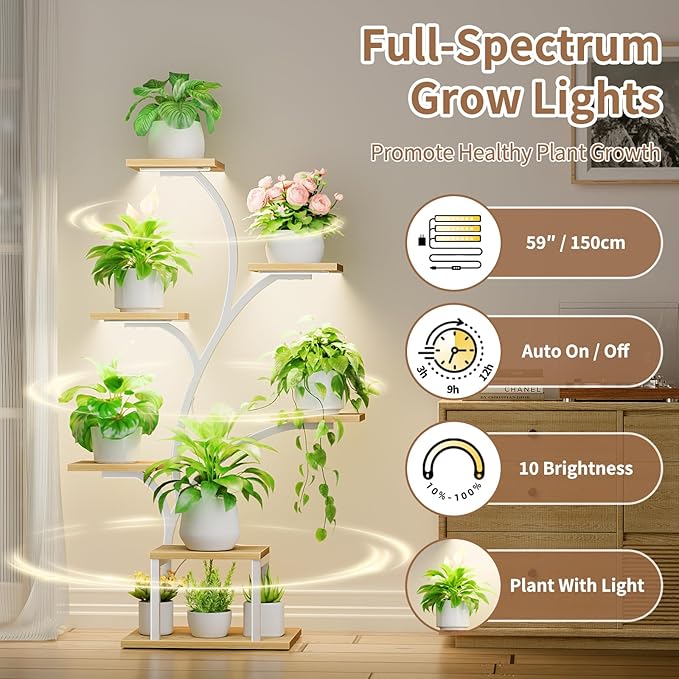 Plant Stand Indoor with Grow Lights, 7 Tiered Indoor Plant Shelf, 49" Corner Plant Stands for Indoor Plants, Metal Plant Flower Display Shelf, Tree-Shaped Plant Rack for Home, Patio, Natural