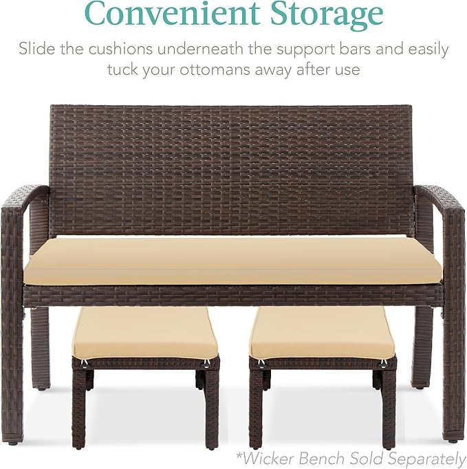 Best Choice Products Set of 2 Wicker Ottomans, Multipurpose Outdoor Furniture for Patio, Backyard, Additional Seating, Footrest, Side Table w/Removable Cushions, Steel Frame - Brown/Tan