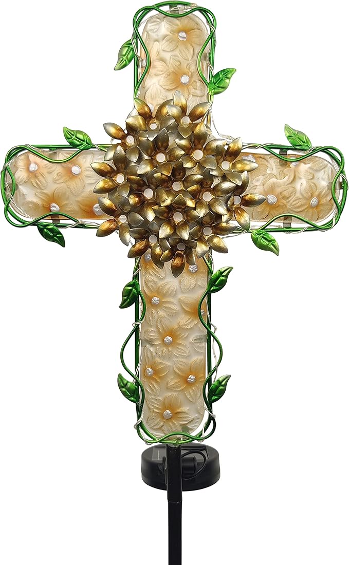 38inch Cross Garden Solar Lights Outdoor Decorative - Solar Metal&Glass Cross Apricot Hydrangea Flower Stake Lights- Waterproof 20 White LED for Remembrance Gifts & Sympathy Gifts