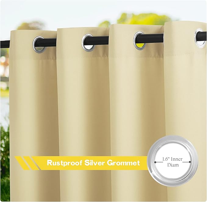 NICETOWN Canvas Waterproof Outdoor Curtains for Patio 108 Inches Long, Machine Washable Rustproof Grommet Privacy Outdoor Drapes for Porch/Balcony, 2 Panels, 55" Wide, Light Beige