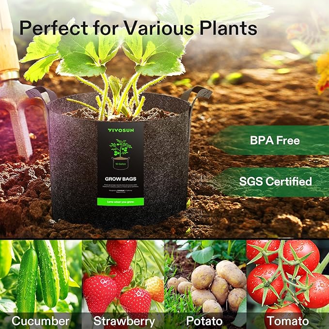 VIVOSUN 5-Pack 10 Gallon Plant Grow Bags, Heavy Duty Thickened Nonwoven Fabric Pots with Handles