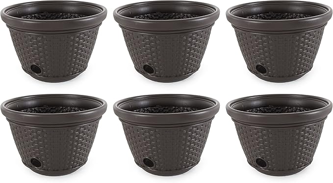 Suncast 6 Pack Decorative Wicker Garden Hose Holder Pot with 4 Drain Holes for 100 Foot Hoses, Java