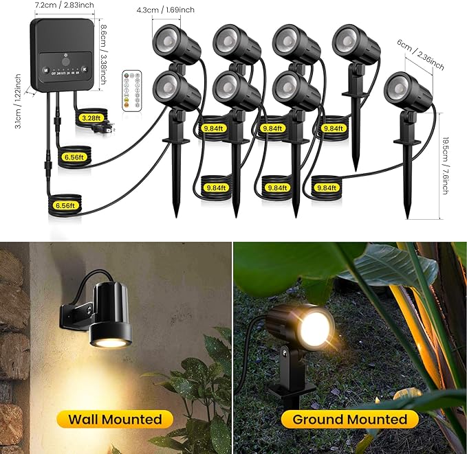 LED Landscape Lighting Kit Outdoor Landscape Lights with Remote Control Dimmable IP66 Waterproof 2700-6500K Spot Lights for Garden Lawn Patio Yard with US Plug 8 Pack