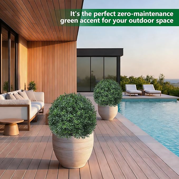 Artificial Boxwood Topiary Trees with Ground Spike,2 Pieces Fake Pine Shrubs Bushes, UV Resistant Faux Evergreen Cypress Tree Plants for Indoor Outdoor Planters Front Porch