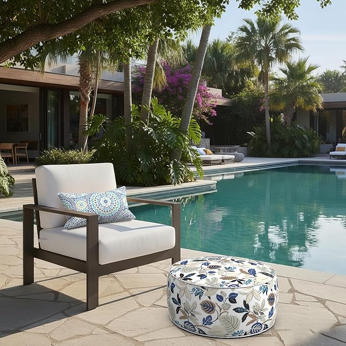 LVTXIII Outdoor Inflatable Ottoman, 21"x21"x9" Patio Fade-Resistant Footrest Stool with Handle, Portable Round Ottoman Pouf for Patio Garden, Camping or Home Use, Breeze Leaves Beige