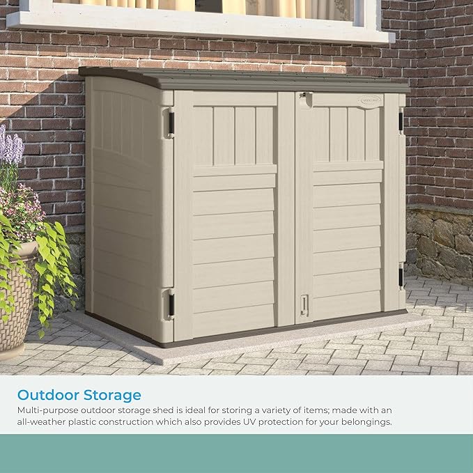 Suncast 34 Cu Ft Horizontal Resin Plastic Storage Shed - Outdoor Storage Shed with Floor Included, Lockable, Weatherproof, Fits Small to Medium Trash Cans, Generators, & Garden Tools, Vanilla Stoney