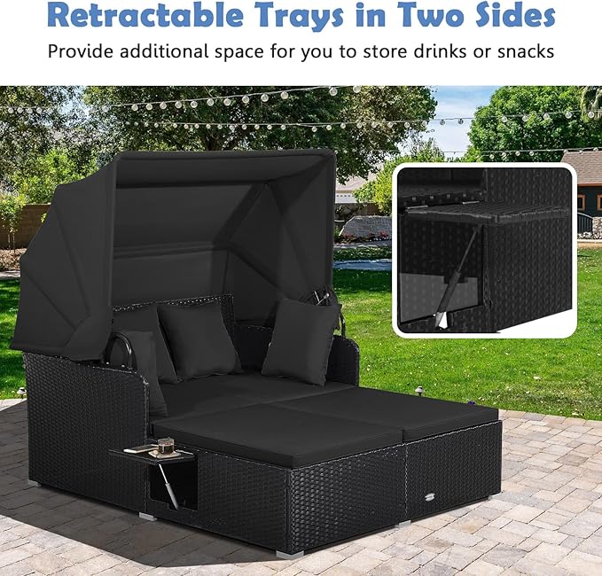 Tangkula Patio Rattan Daybed with Retractable Canopy, Outdoor Wicker Sunbed Lounger with 2 Foldable Side Tables, Thick Seat & Back Cushions, Outside Double Daybed for Garden, Backyard, Porch (Black)