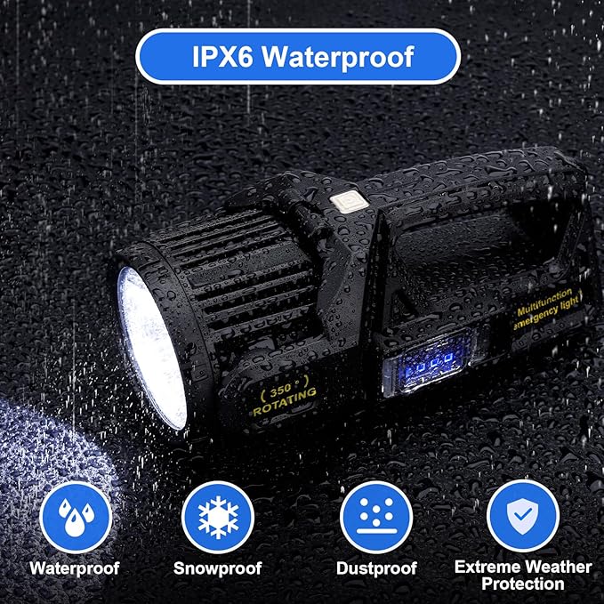 Rechargeable Spotlight Flashlight, Peascat 2,000,000L Lumens LED Handheld Spot Light, 350° Rotatable, 9 Modes, Solar & USB-C Charging, Waterproof, Emergency Flashlight for Camping, Outdoor, Car Repair