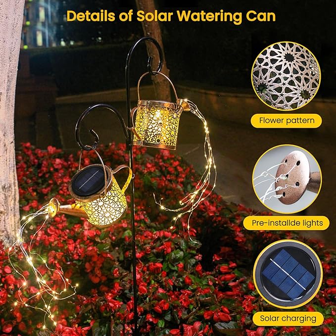 Solar Lights Outdoor Decorative, 2 Pack Metal Watering Can Lights Waterproof, Small Hanging Garden Decor Yard Outside Patio Lawn, Gifts for Mom Grandma Women Birthday(Warm White)