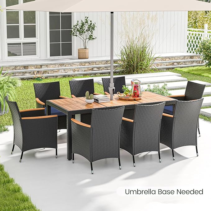 Tangkula 9 Pieces Rattan Outdoor Dining Set for 8, Outdoor Acacia Wood Table Set with 8 Cushioned Wicker Chairs, Umbrella Hole, Patio Dining Furniture Set for Deck Pool Backyard