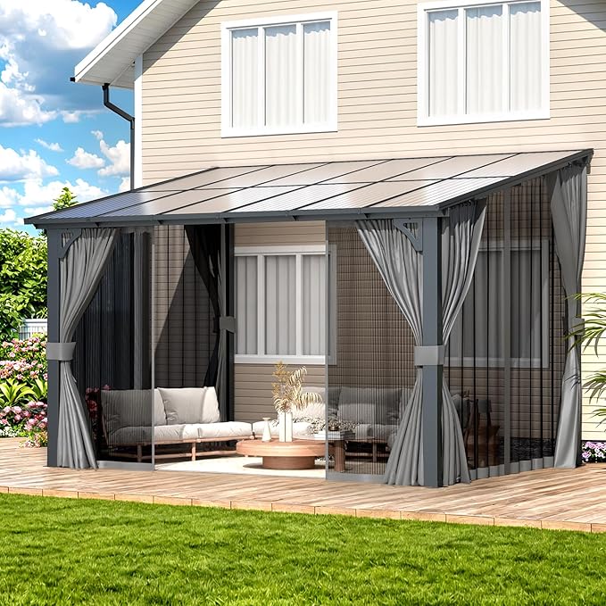 AECOJOY 12' x 8' Gazebo Outdoor Pergola with Curtains and Netting, 8'x12' Hard Top Lean to Pergolas and Gazebos Clearance with Patio Roof, Large Wall-Mounted Heavy Duty Awnings for Patio, Decks