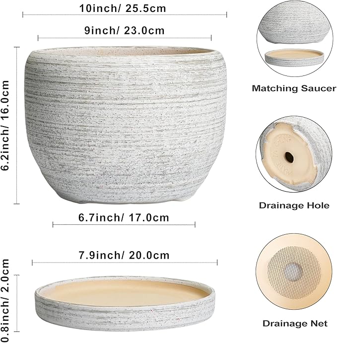 SQOWL Ceramic Flower Pots - 10 Inch Plant Pot Indoor with Drainage Hole and Saucer, Modern Ceramic Planter Outdoor, Decorative Large Round Planter, Bedroom Decor, Plant Lovers Gifts, Gray
