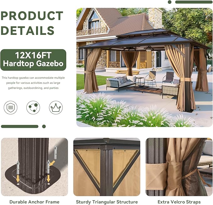 Aoxun 12'x16' Hardtop Gazebo, Aluminum Frame Permanent Pavilion with Curtains and Netting, Outdoor Polycarbonate Double Roof Canopy, Designed for Garden, Lawns, Patio