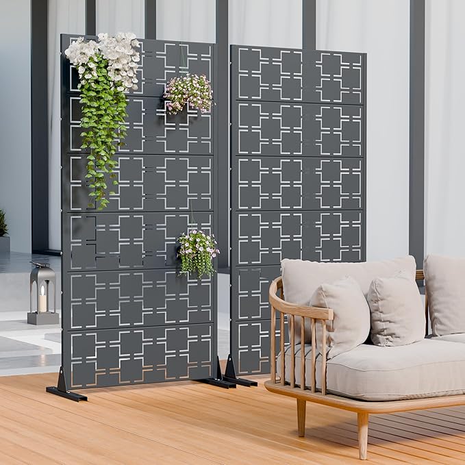 Casaphoria Metal Privacy Screen Outdoor, 60" H x 30" W Freestanding Decorative Privacy Screen for Patio Deck Balcony Garden with Stable Base, Darkgray-Square