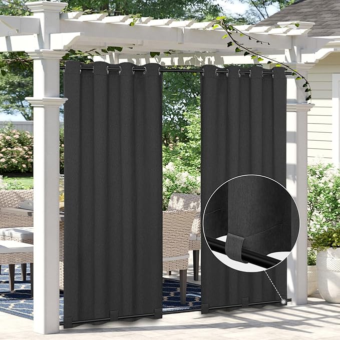 Easy-Going Linen Look Outdoor Curtains Waterproof Windproof Porch Curtains, Soft Thicken Outdoor Privacy Curtains for Patio, Gazebo, Grommet Top and Tab Bottom Drape, 1 Panel, 54x84 inch, Black