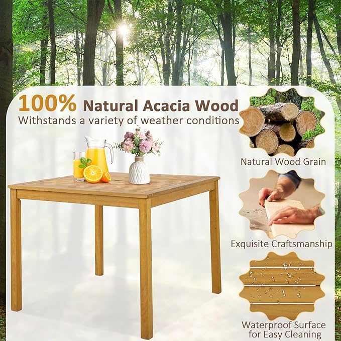 Tangkula 36" Square Outdoor Dining Table, Acacia Wood 4-Person Patio Dining Table with 1.9" Umbrella Hole, Farmhouse Patio Bistro Table, Indoor Outdoor Dining Furniture for Yard Deck Lawn
