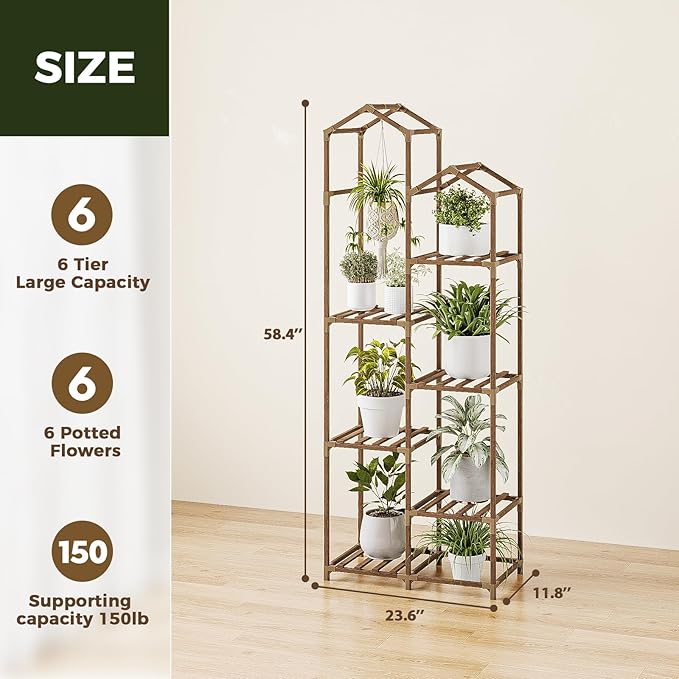 Bamworld Tall Plant Stand Indoor Outdoor Corner Plant Shelf Hanging Plant Holder Wood Flower Stand Plant Decor for Living Room Garden Balcony Patio