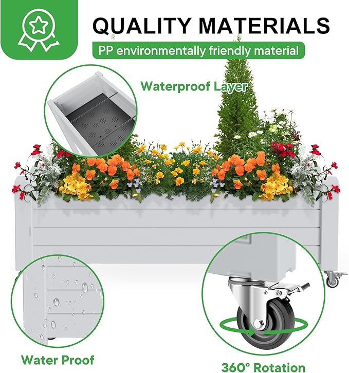 Raised Garden Bed with Wheels, 21 Gallon Self-Watering Outdoor Raised Planter Box with Drainage Plug & Gauge for Vegetables Flowers Herbs, Rustproof Resin for Backyard Patio Porch (Ashen)