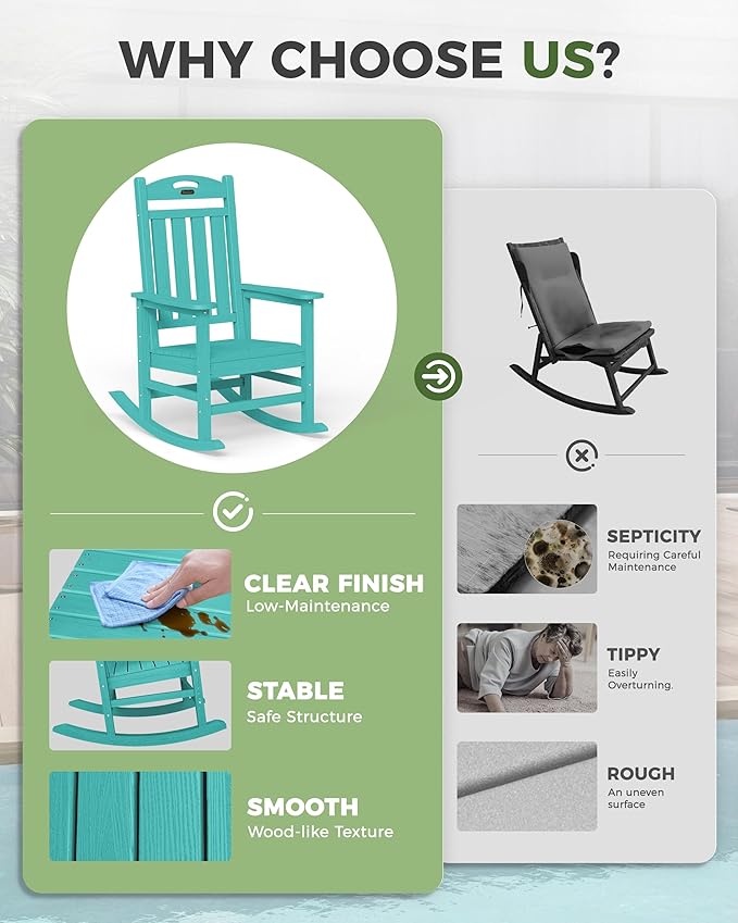 Oversized Outdoor Rocking Chair, High Back Porch Rocker Chair, HDPE All Weather Resistant Rocking Chairs for Patio, 380lbs Weight Capacity, Lake Blue