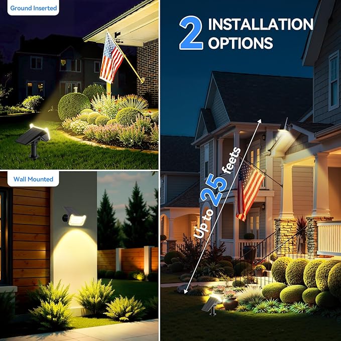 WdtPro Solar Spot Lights Outdoor Waterproof, Bright Solar Lights Outdoor with 16 Extra-Large LEDs, 3 Modes Landscape Spotlights, 2-in-1 Solar Powered Light for Yard Flag Garden, 2 Pack, Warm White