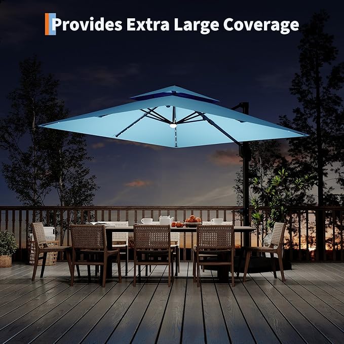 Garvee 10 ft Cantilever Patio Umbrella with Solar Lights, 360° Rotation Offset Umbrella, Easy Crank & Tilt Adjustment, UV Protection for Backyard, Poolside, Deck -Turquoise