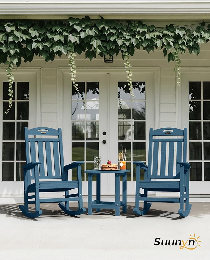 Oversized Outdoor Rocking Chairs Set of 2, High Back Outdoor Rocker Chair, HDPE Rocking Chairs for Patio, 380lbs Weight Capacity, Navy Blue