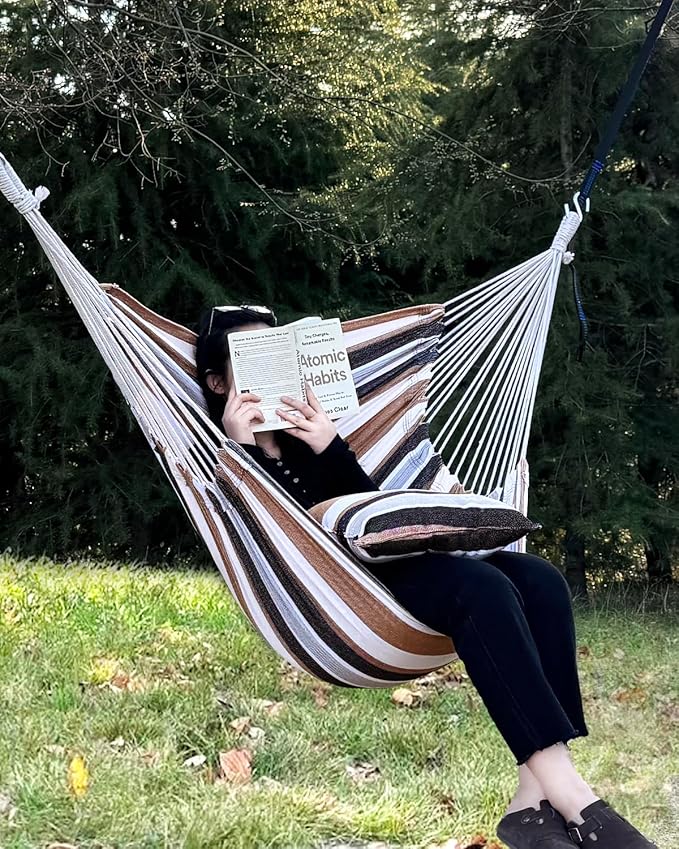 Halalona Hammock Chair Hanging Hammock Chair Rope Swing 2 Cushions Included-Sturdy & Durable Soft Cotton Hand Woven Hammock Swing for Bedroom, Porch, Patio-Indoor/Outdoor