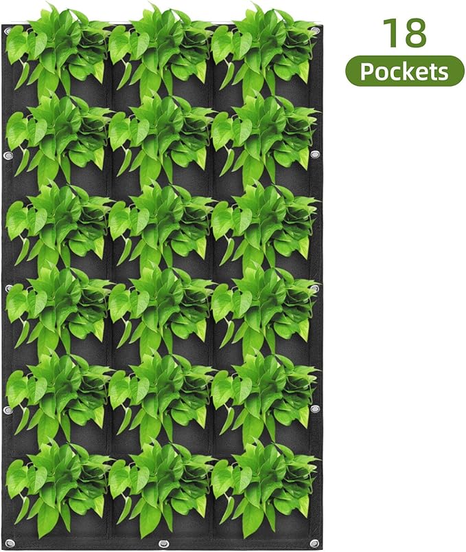Hanging Planting Grow Bags, 18 Pockets Hanging Vertical Wall Planter Wall Mounted Grow Bag Outdoor Indoor Gardening Vertical Greening Flower Container, Planting Bags Storage Bags(1.0 m × 0.5 m, Black)