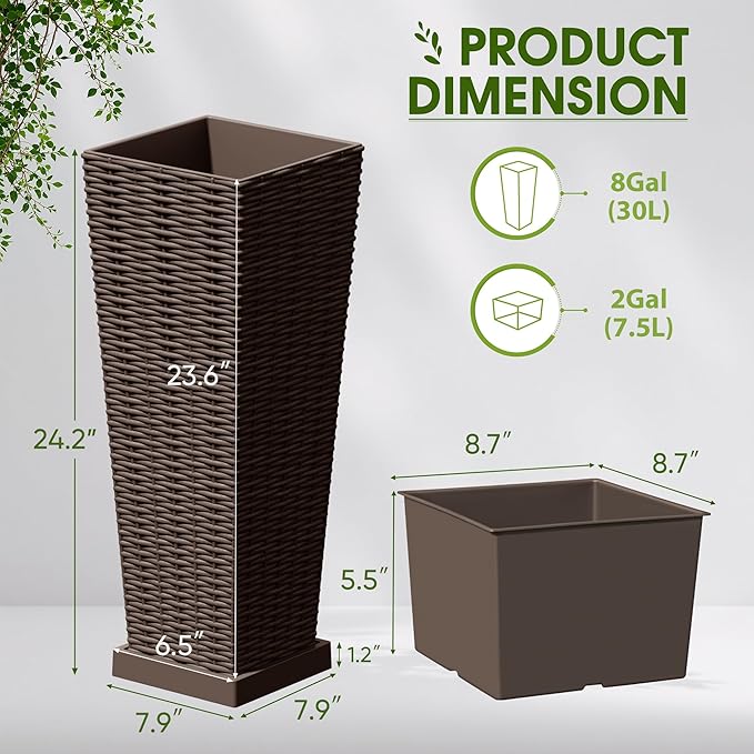 Devoko Resin Tall Planters with Tray for Outdoor Plants Set of 2, Large Taper Outdoor Planter Pots with 4 Drainage Holes, Flower Pots Modern Decor for Porch, Patio, Backyard, Garden(Brown, 24")