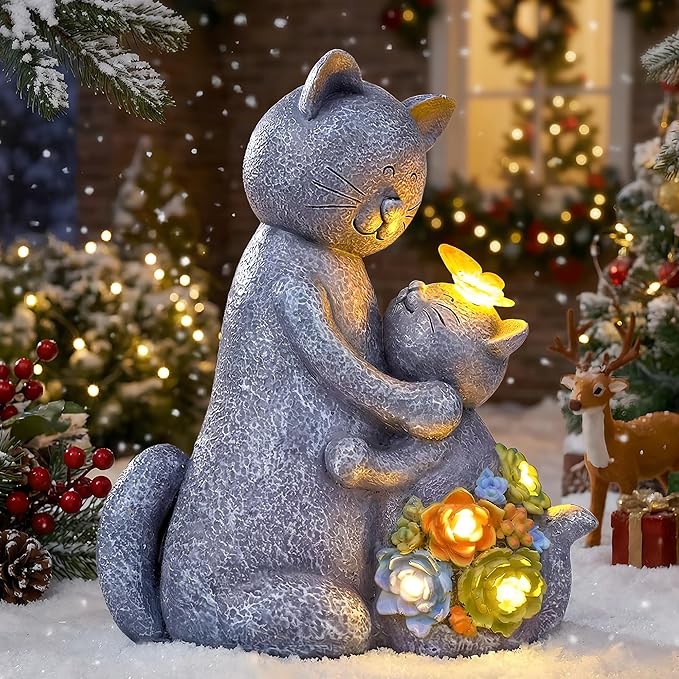 Solar Garden Statues Loving Cat Figurine Lights for Outside, Yard Decorations Outdoor, Garden Decor Unique Mothers Day Birthday Housewarming Gifts for Mom, Women, Lover